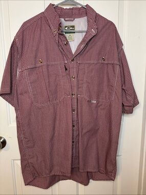 Drake Men’s Short Sleeve Red and White Micro-Check Button-Up Shirt